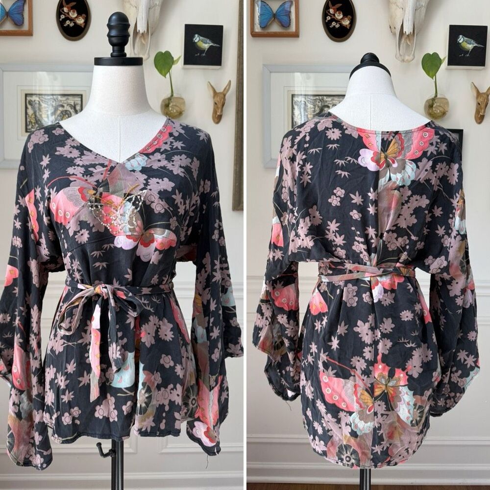 Anna Scholz Luxury Silk Butterfly Kimono Style Bell Sleeve Blouse Top Grey Beade